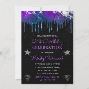 Invitation Marbre de galaxie violet, bleu et argent 21e anniv