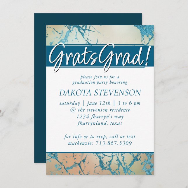 Invitation Marbre de luxe | Beau corail et graduation Turquoi (Devant / Derrière)