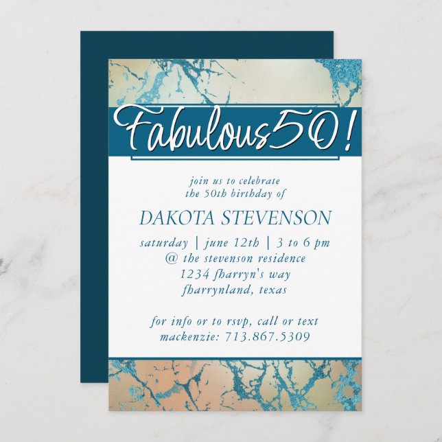 Invitation Marbre de luxe | Beau corail et Turquoise Fabuleux (Devant / Derrière)