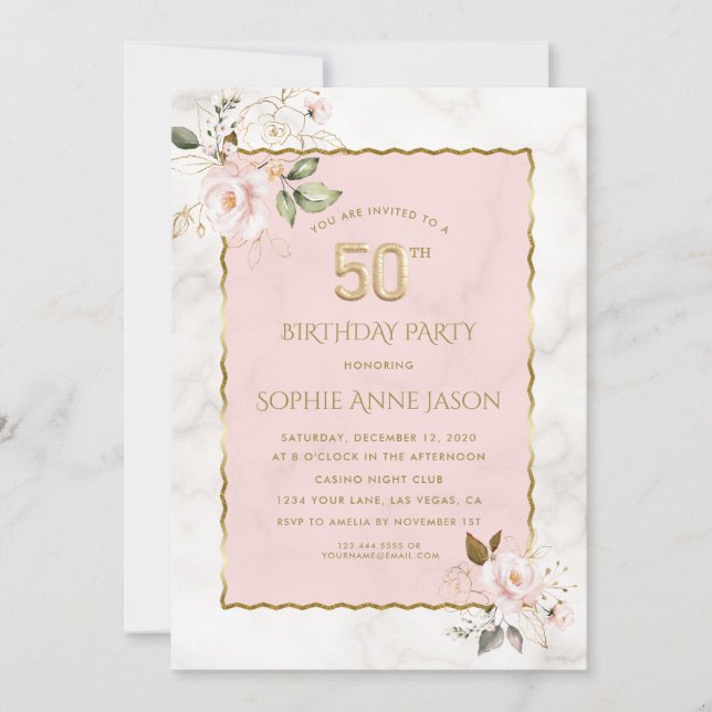 Invitation Marbre de luxe rose flush Flowers 50e anniversaire (Devant)