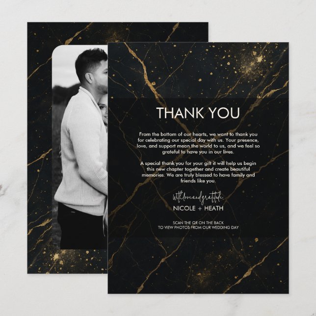 Invitation Marbre de Minuit Doré Mariage Noir & Or  (Devant / Derrière)