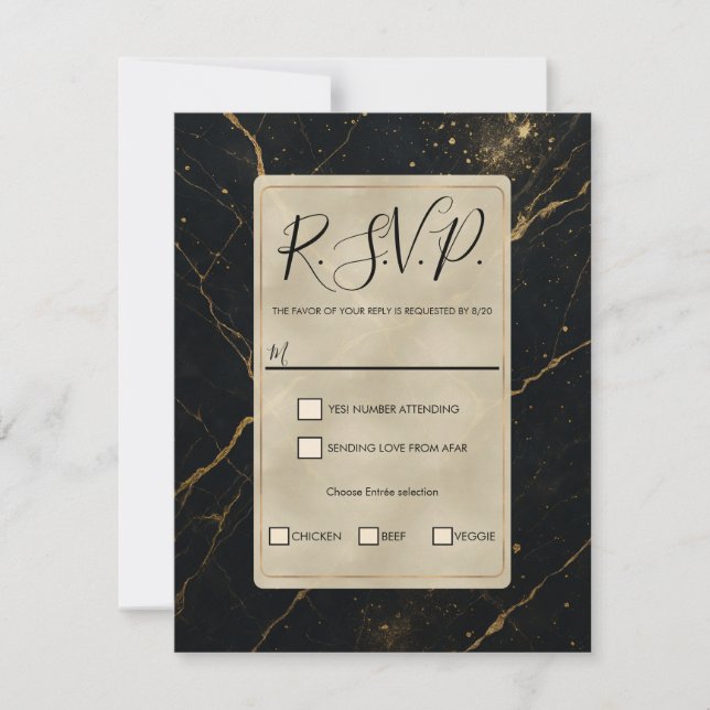 Invitation Marbre de Minuit Doré Réponse au Mariage Noir & Or (Devant)