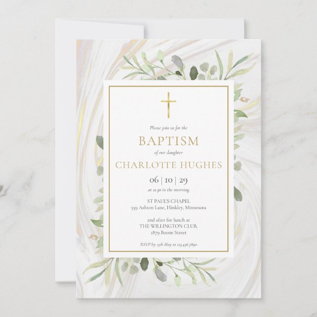 Invitation Marbre de verdure à l'aquarelle Baptême Christenin (Devant)