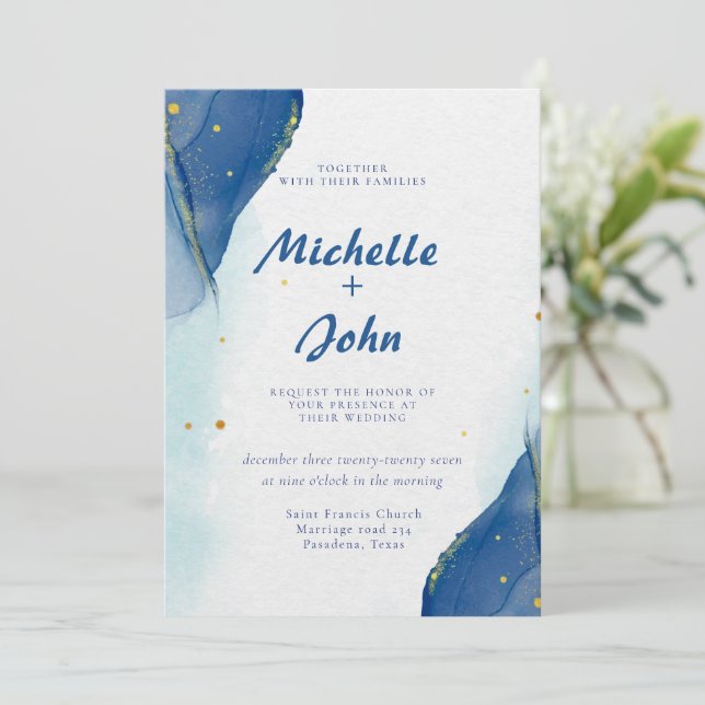 Invitation Marbre d'hiver aquarelle or bleu Mariage (Debout devant)
