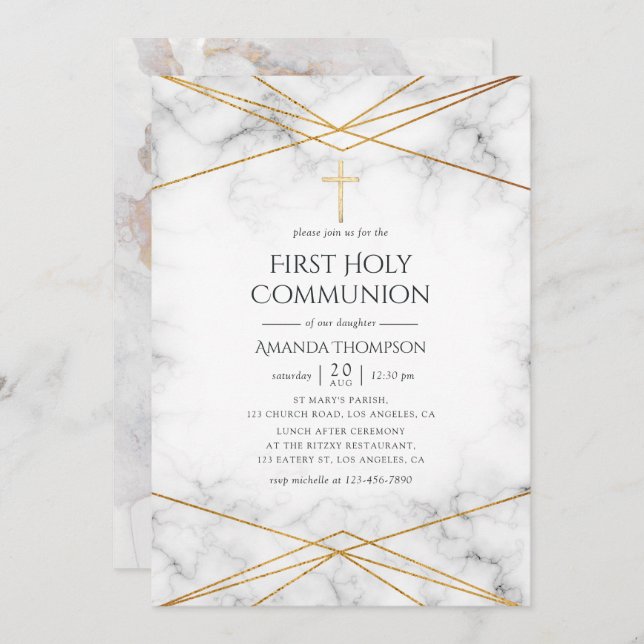 Invitation Marbre d'or Géométrique Première communion sainte (Devant / Derrière)