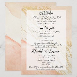 Invitation Marbre D'Or Rose Musulman Arabe Et Anglais Mariage