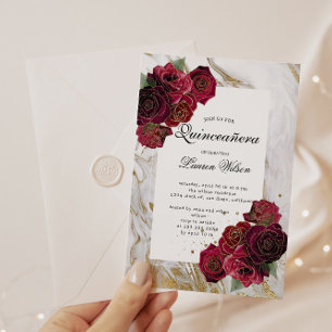 Invitation Marbre d'or Roses rouges Quinceanera Florale