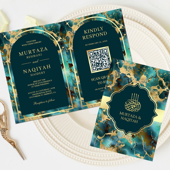 Invitation Marbre d'or Turquoise QR Code Mariage musulman (Créateur téléchargé)