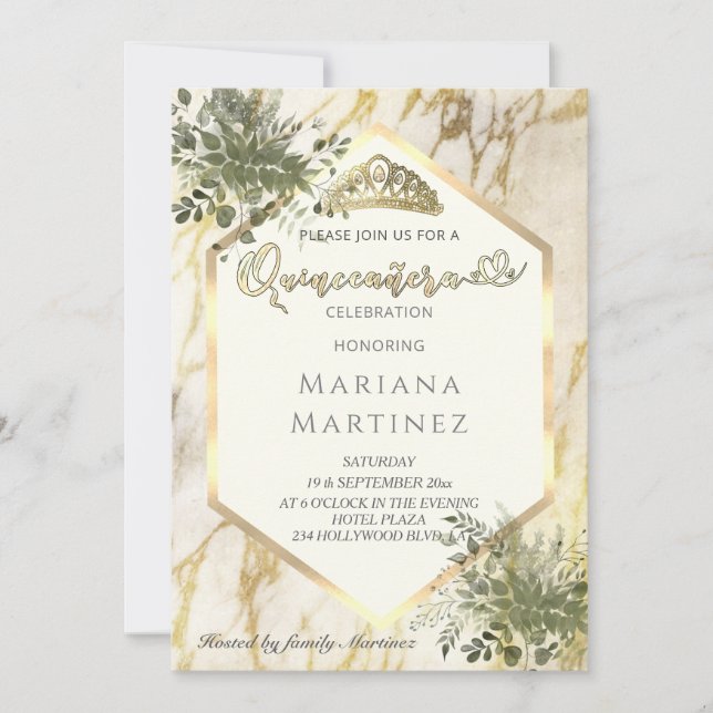 Invitation Marbre d'or vert géométrique Quinceañera (Devant)