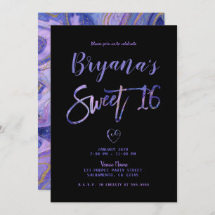 Invitation Marbre d'or violet Noir Chic Glam Sweet 16 Partie