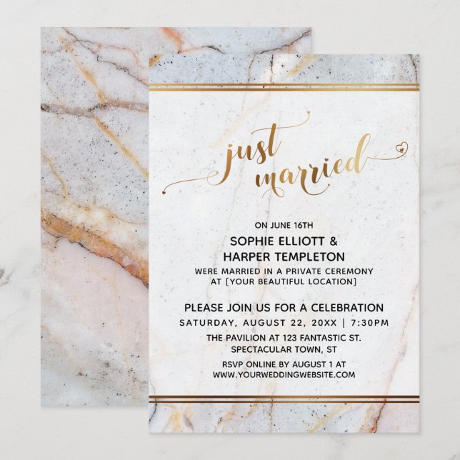 Invitation Marbre doré Juste Mariés Calligraphie Cœurs (Devant / Derrière)