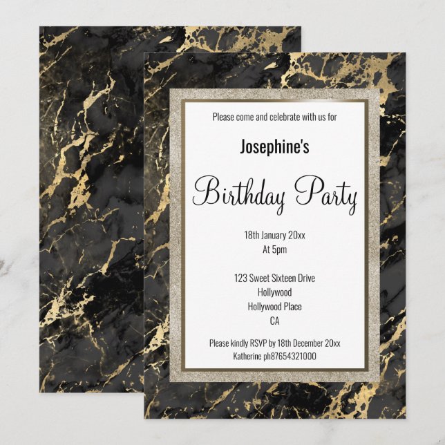 INVITATION MARBRE ÉLÉGANT NOIR GOLD DESIGN ANNIVERSAIRE (Devant / Derrière)