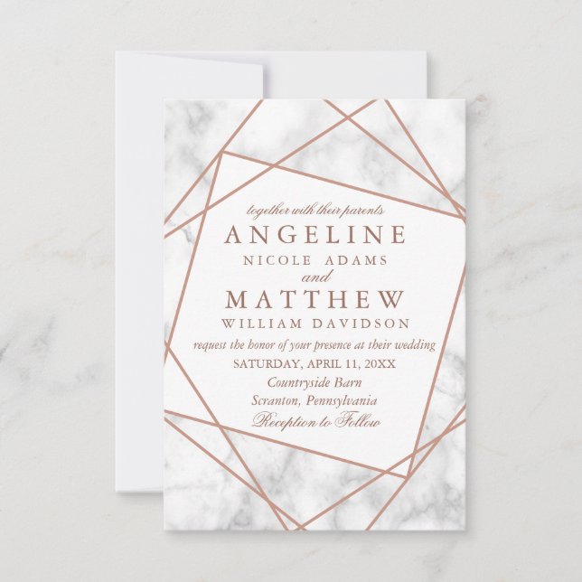 Invitation Marbre et Faux Rose Gold Mariage géométrique Invit (Devant)