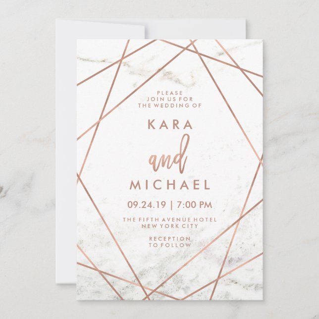 Invitation Marbre et Faux Rose Gold Mariage géométrique Invit (Devant)