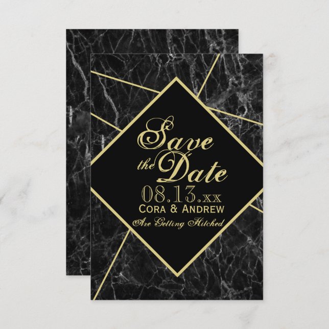 Invitation Marbre et Or Art Déco Géométrique Save the Date (Devant / Derrière)
