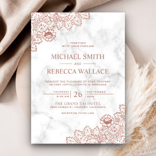 Invitation Marbre et Rose Or Vintage Pays Dentelle Mariage