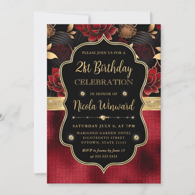 Invitation Marbre floral rouge noir et or 21e anniversaire (Devant)