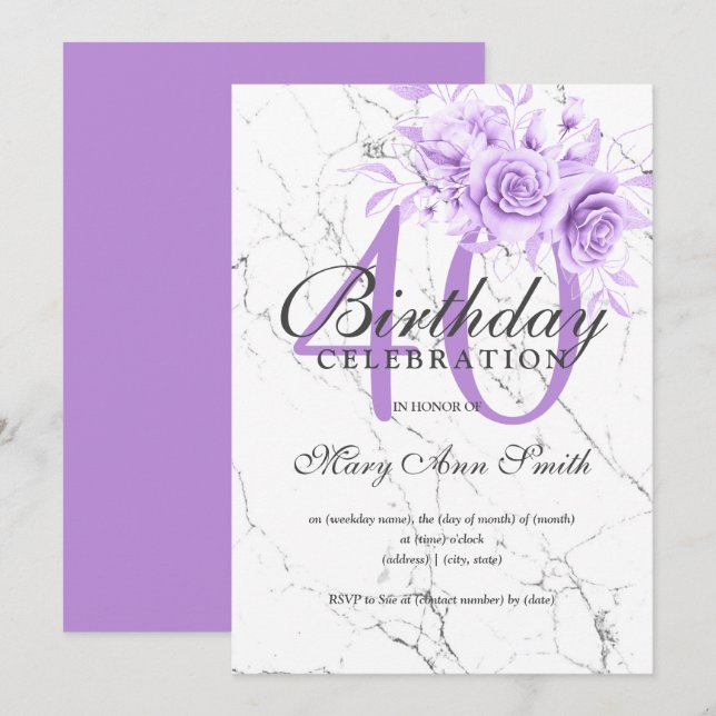 Invitation Marbre floral violet 40e anniversaire de fête (Devant / Derrière)