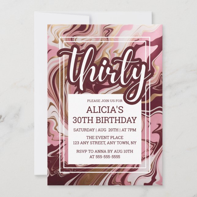 Invitation Marbre Fluid Or Bourgogne rose 30e anniversaire (Devant)