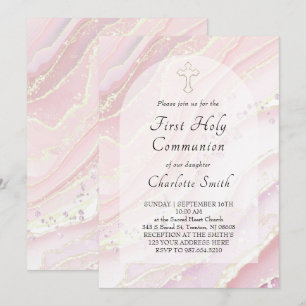 Invitation marbre fluide rose Première Sainte Communion