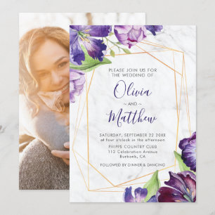 Invitation Marbre Géométrique Gold Purple Tulips Mariage phot