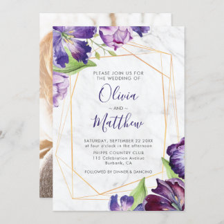 Invitation Marbre Géométrique Gold Purple Tulips Mariage phot