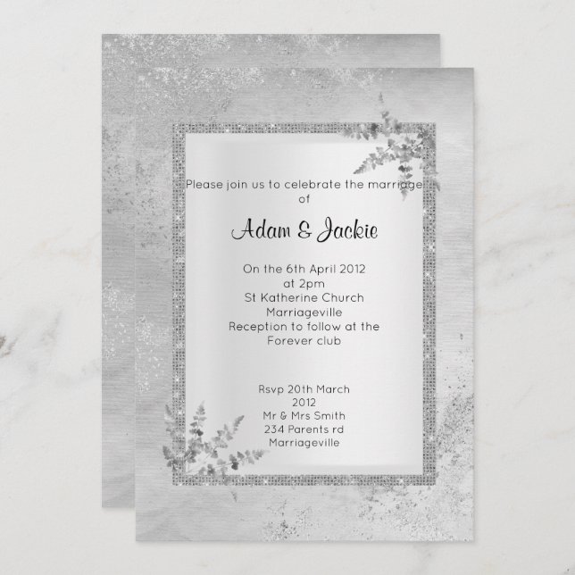 Invitation Marbre gris argent ÉLÉGANT MARIAGE CLASSÉ (Devant / Derrière)