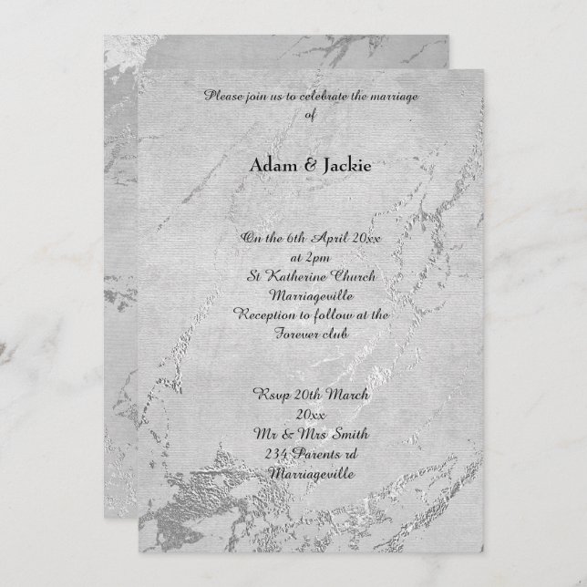 Invitation Marbre gris argenté Imprimer Mariage simple (Devant / Derrière)