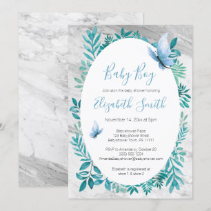 Invitation Marbre jolie aquarelle bleu papillon babyshower