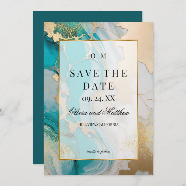 Invitation Marbre Moderne Mariage Enregistrer la Date Turquoi (Devant / Derrière)