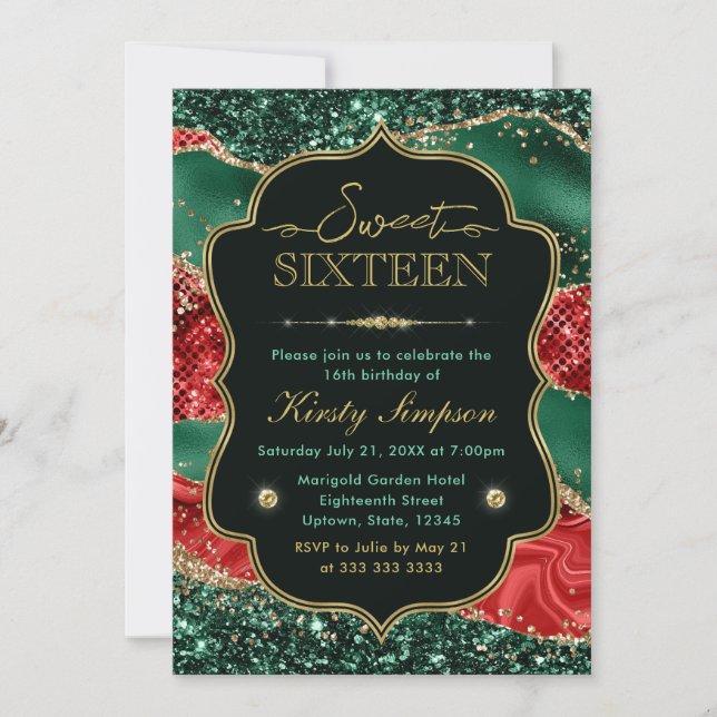 Invitation Marbre Noël Agate & Or Paillettes Douce 16 (Devant)