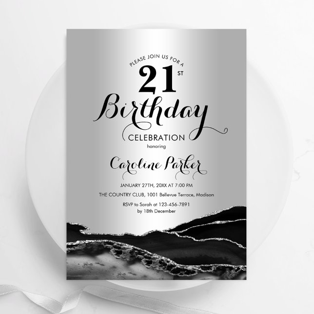 Invitation Marbre noir argenté 21e anniversaire (Créateur téléchargé)