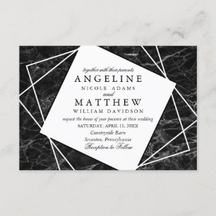 Invitation Marbre noir avec mariage géométrique blanc Invitat