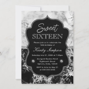 Invitation Marbre noir, blanc et argent moderne Sweet 16