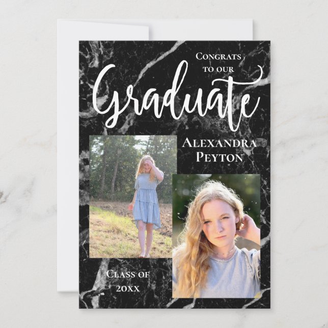 Invitation Marbre noir blanc Script photo Graduation (Devant)