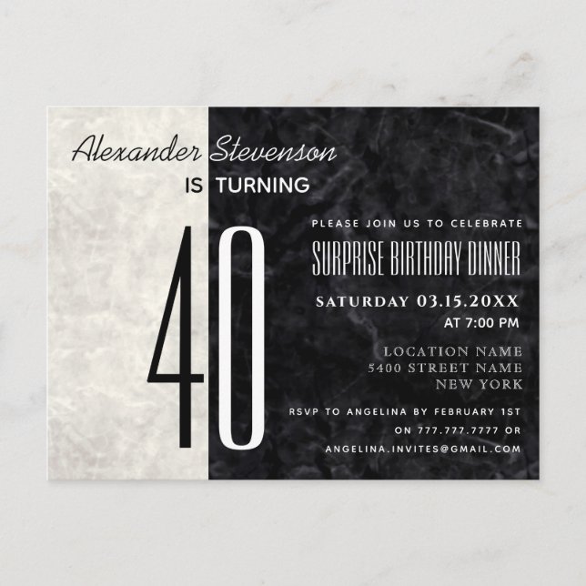 Invitation Marbre Noir et Blanc pour 40 ans (Devant)