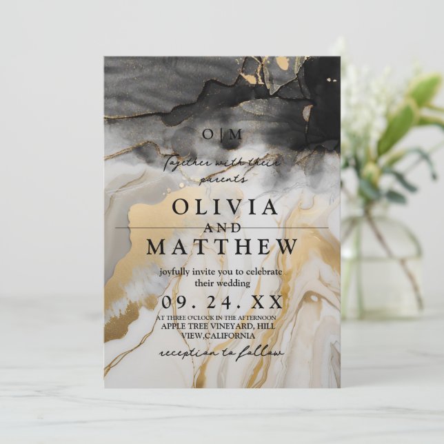 Invitation Marbre noir et or Mariage photo (Debout devant)