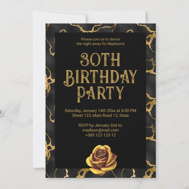 Invitation Marbre Noir Et Or Motif Anniversaire (Devant)
