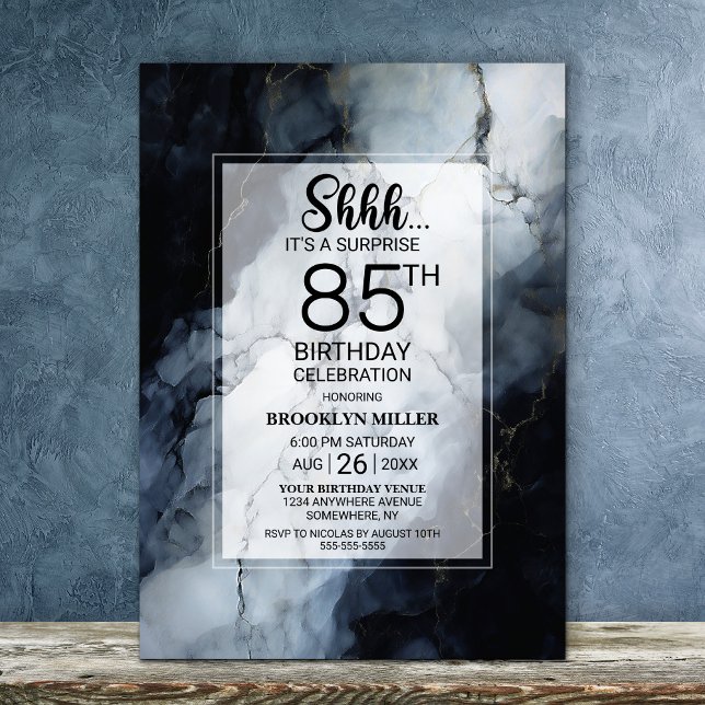 Invitation Marbre noir moderne Surprise 85e fête d'anniversai (Créateur téléchargé)