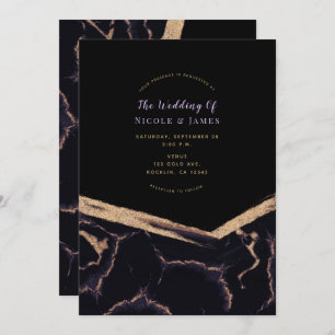Invitation Marbre noir pourpre et or Mariage moderne chic