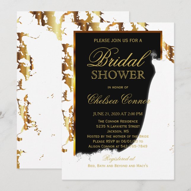 Invitation Marbre or, Fête des mariées noire et blanche (Devant / Derrière)