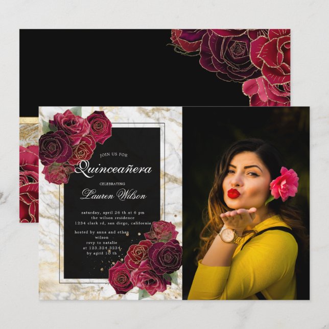 Invitation marbre or rose floral Quinceanera Photo (Devant / Derrière)