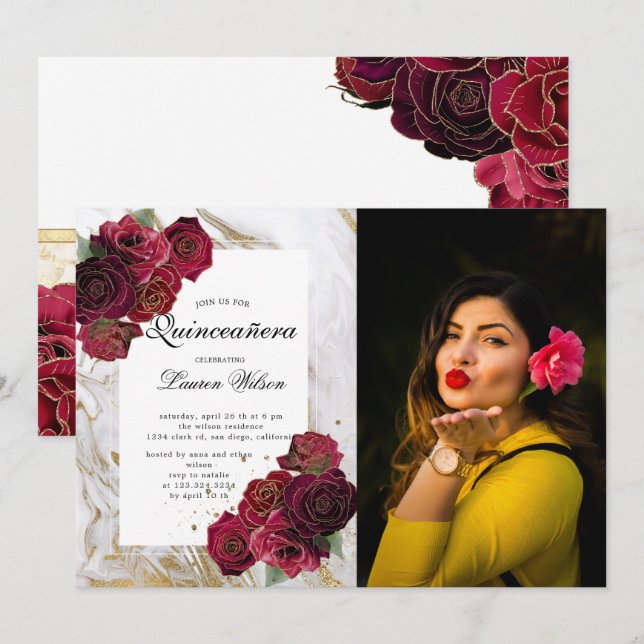 Invitation marbre or rose floral Quinceanera Photo Invit (Devant / Derrière)