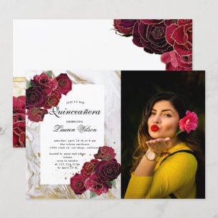 Invitation marbre or rose floral Quinceanera Photo Invit