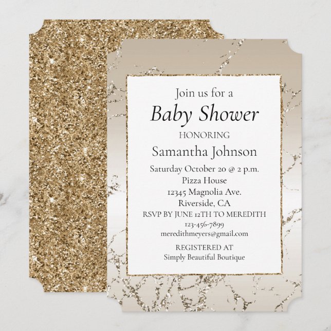 Invitation Marbre Pailleté Ombré Or et Blanc (Devant / Derrière)