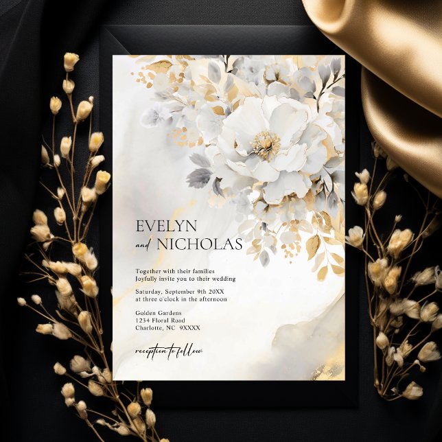 Invitation Marbre Pierre or gris or Mariage Floral (Beautiful Gold Grey Gold Floral Wedding Invitation)