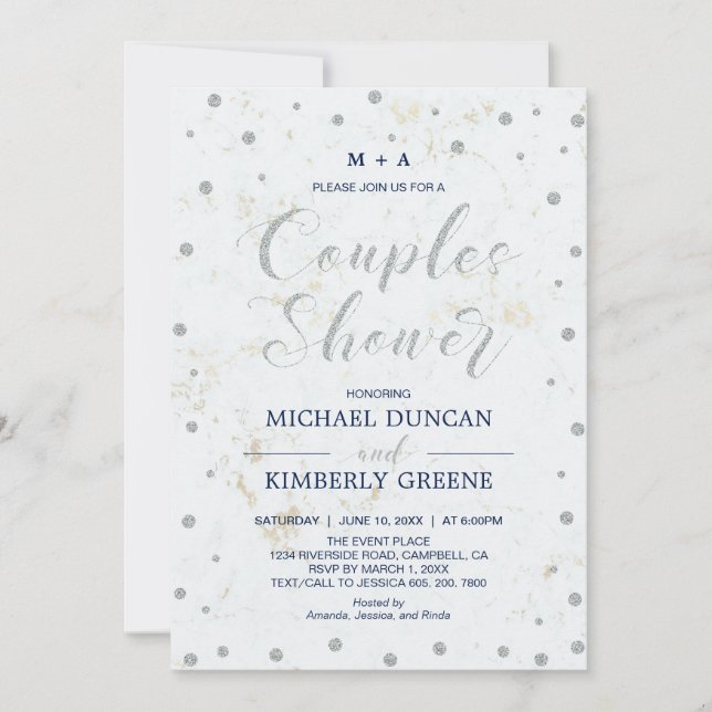 Invitation Marbre & pois | Mariage Couple Argent Shower (Devant)