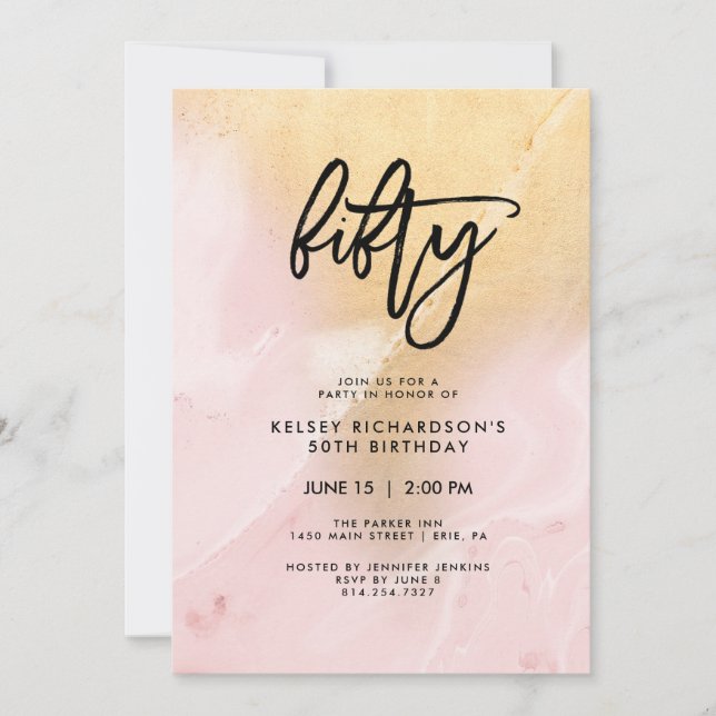 Invitation Marbre rose et or | 50e fête d'anniversaire (Devant)
