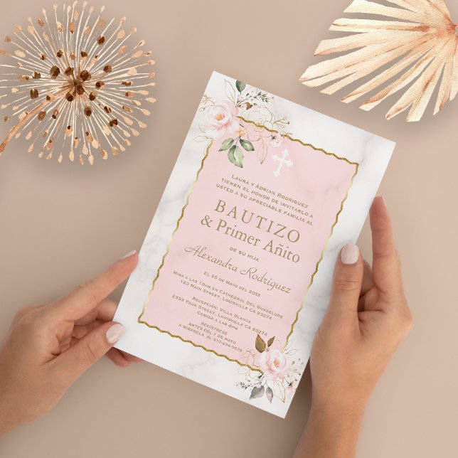 Invitation Marbre rose floral espagnol 1er anniversaire Baptê (Créateur téléchargé)