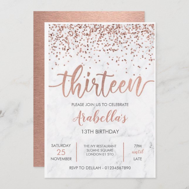 Invitation Marbre Rose Gold Pink 13ème (Devant / Derrière)